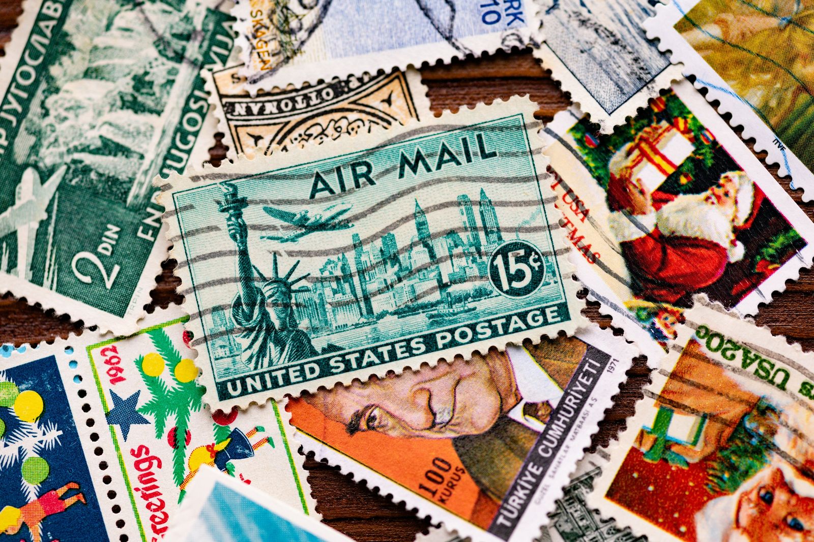 Close-up of vintage postage stamps