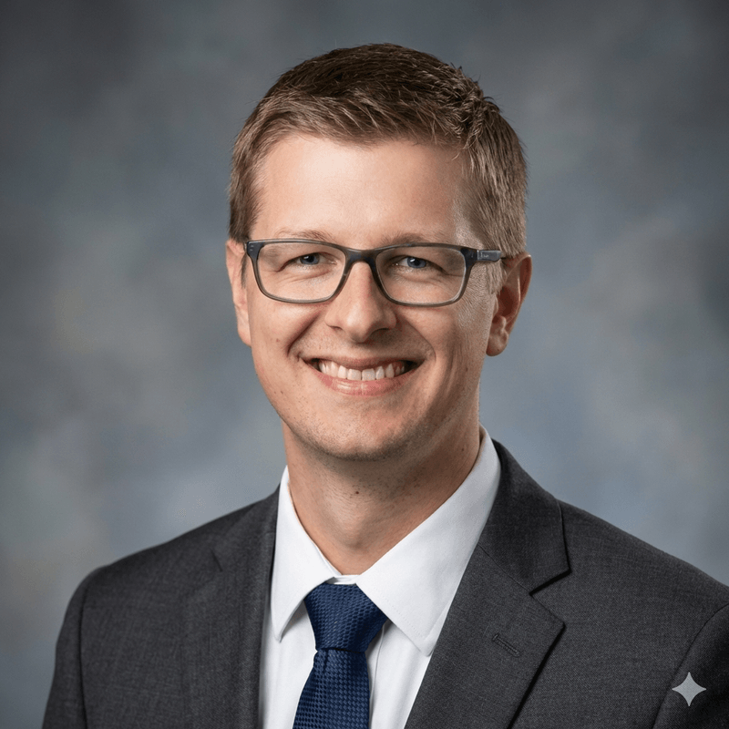 Jordan Potti, smiling, wearing glasses, a dark suit and a blue tie