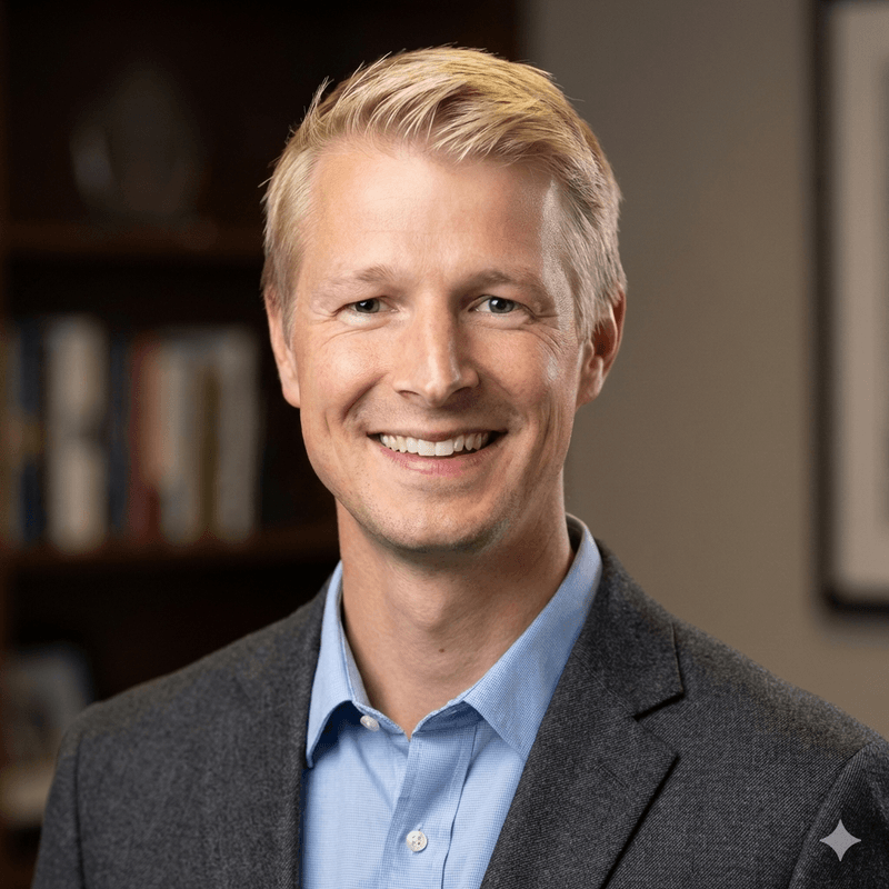 Noah Potti, smiling, wearing a blue shirt and dark blazer in front of bookshelves